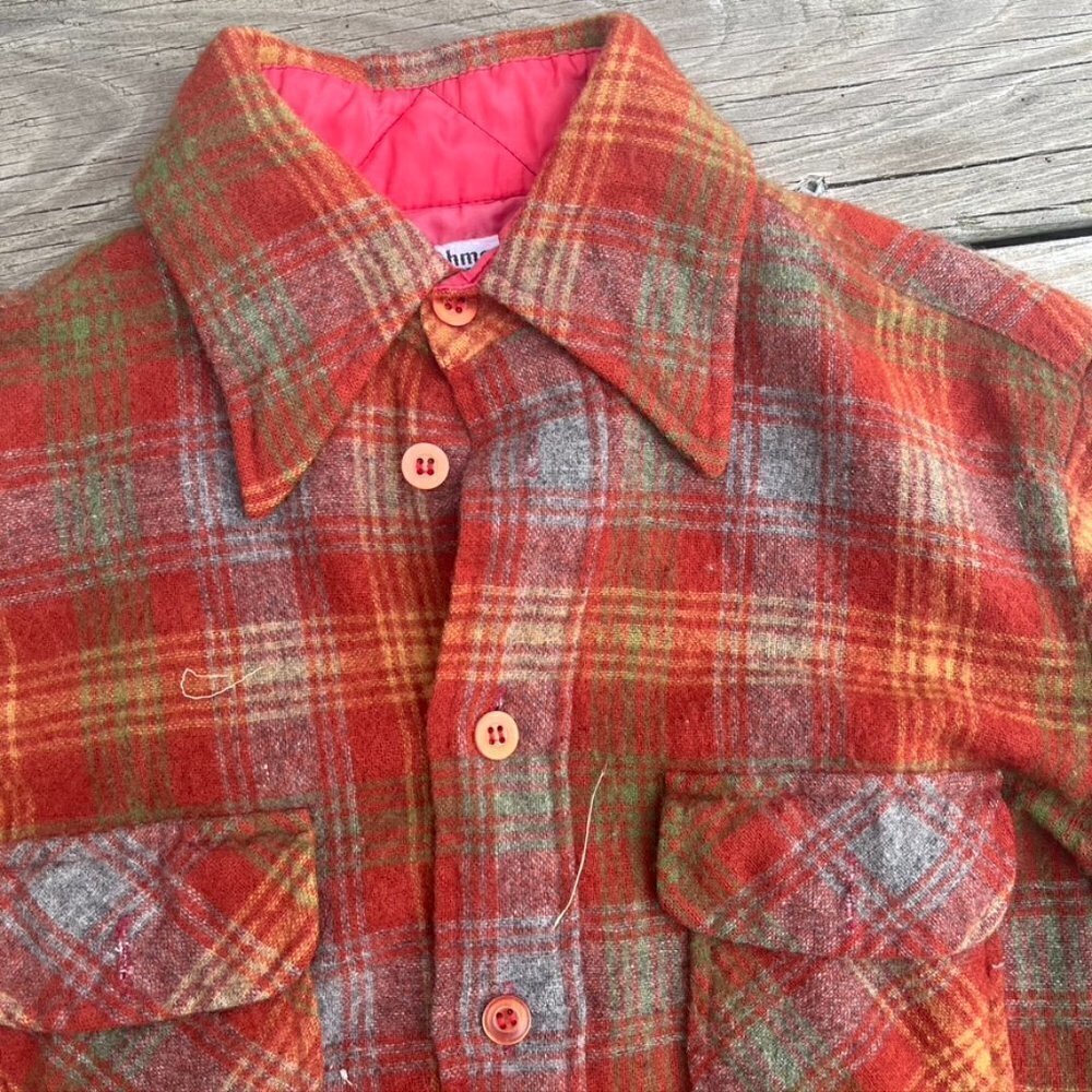 ** Vintage 1970s Richman Bros Red Green Plaid Wool Button Front Shirt S - Picture 7 of 11